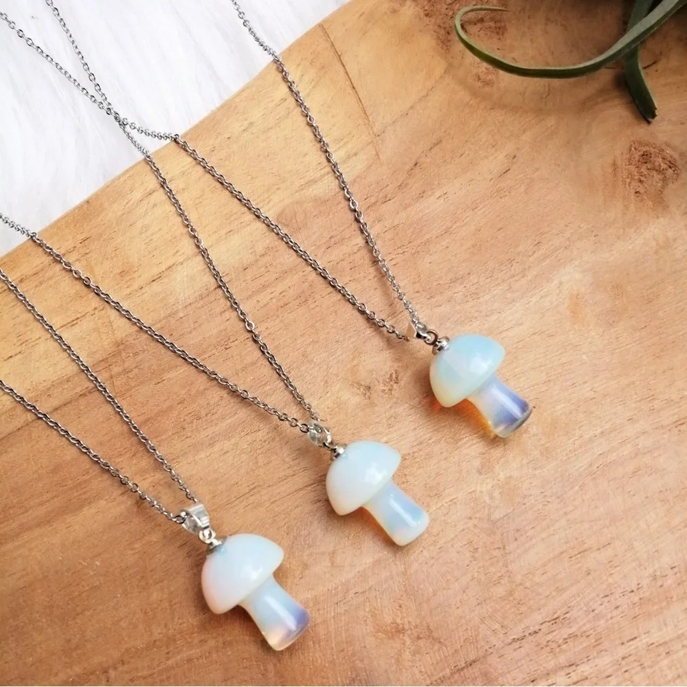 3/$22🩶 Tiny Mushroom Opalite Silver Necklace Cottage Boho Toadstool NEW